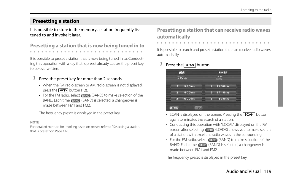 Presetting a station, Presetting a station that is now being tuned in to | Subaru 2009 Impreza Navigation System User Manual | Page 119 / 248