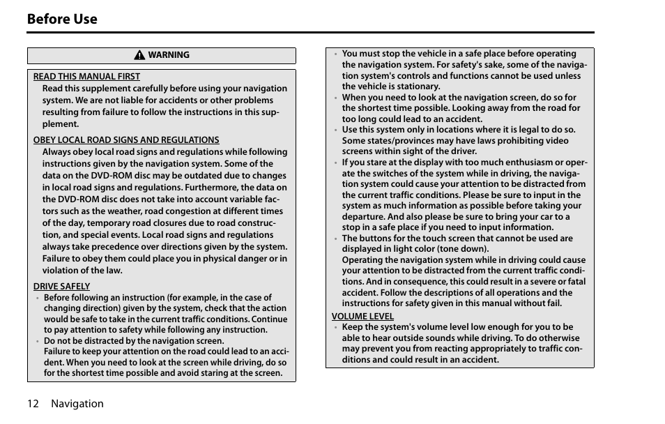 Before use | Subaru 2009 Impreza Navigation System User Manual | Page 12 / 248