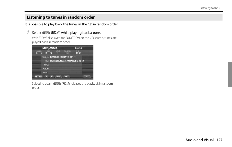Listening to tunes in random order | Subaru 2009 Impreza Navigation System User Manual | Page 127 / 248