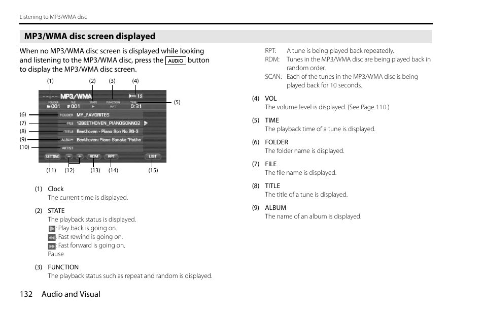 Mp3/wma disc screen displayed | Subaru 2009 Impreza Navigation System User Manual | Page 132 / 248
