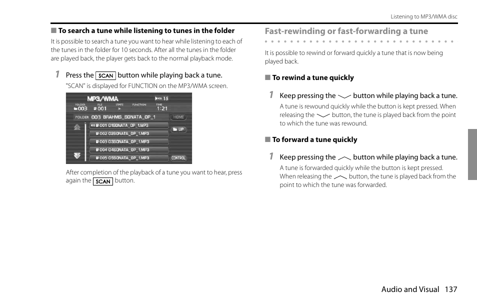 Fast-rewinding or fast-forwarding a tune | Subaru 2009 Impreza Navigation System User Manual | Page 137 / 248