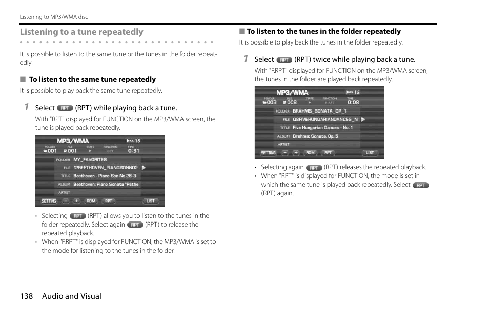 Listening to a tune repeatedly | Subaru 2009 Impreza Navigation System User Manual | Page 138 / 248