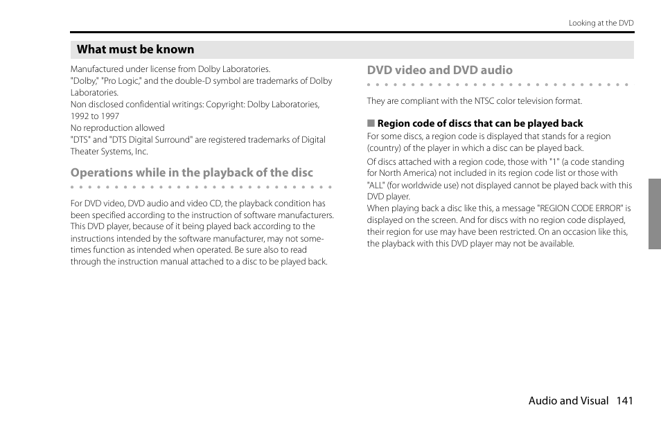 What must be known, Operations while in the playback of the disc, Dvd video and dvd audio | Subaru 2009 Impreza Navigation System User Manual | Page 141 / 248