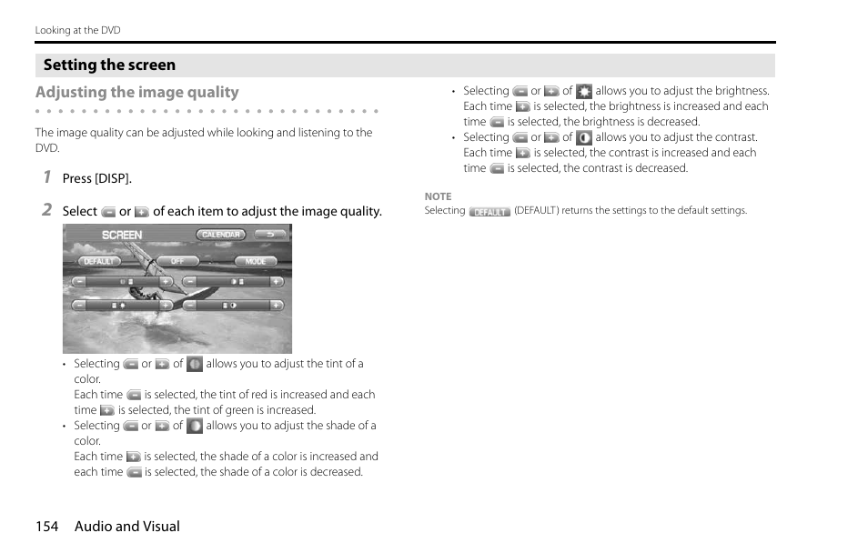 Setting the screen adjusting the image quality | Subaru 2009 Impreza Navigation System User Manual | Page 154 / 248