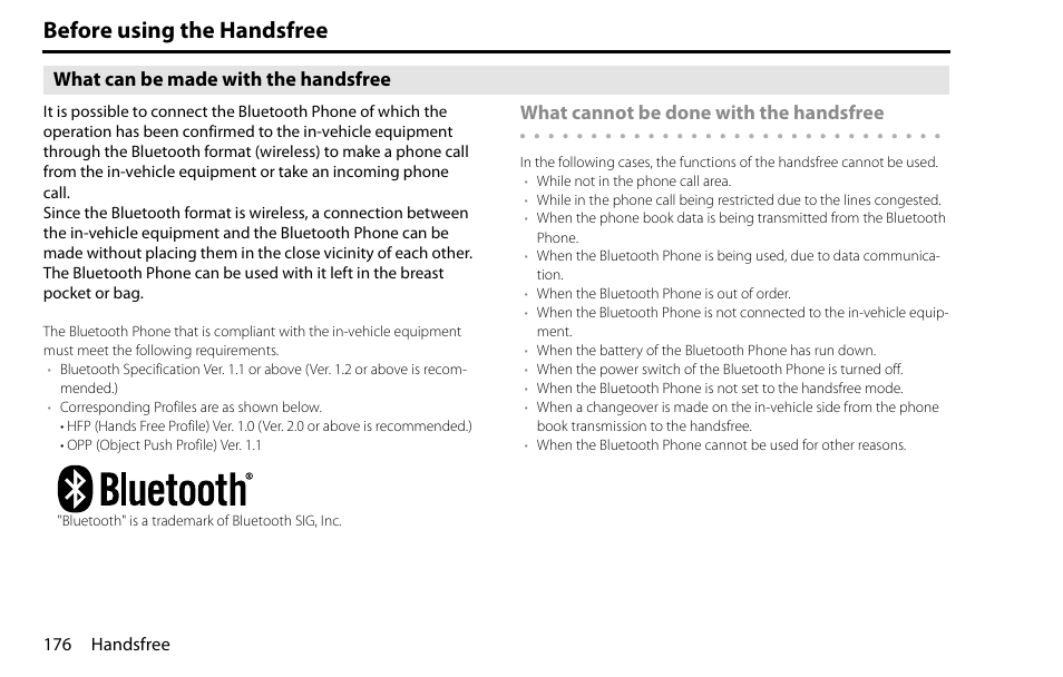 Before using the handsfree, What can be made with the handsfree, What cannot be done with the handsfree | Subaru 2009 Impreza Navigation System User Manual | Page 176 / 248