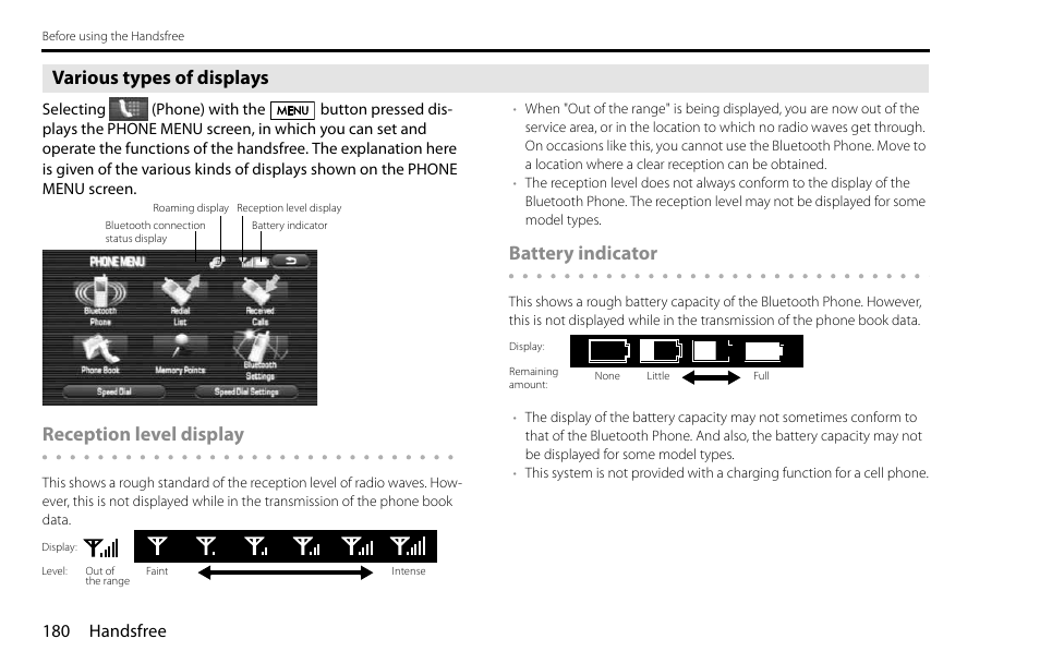 Various types of displays, Reception level display, Battery indicator | 180 handsfree | Subaru 2009 Impreza Navigation System User Manual | Page 180 / 248