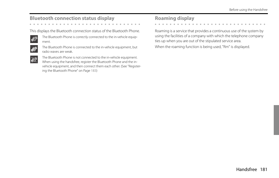 Bluetooth connection status display, Roaming display | Subaru 2009 Impreza Navigation System User Manual | Page 181 / 248
