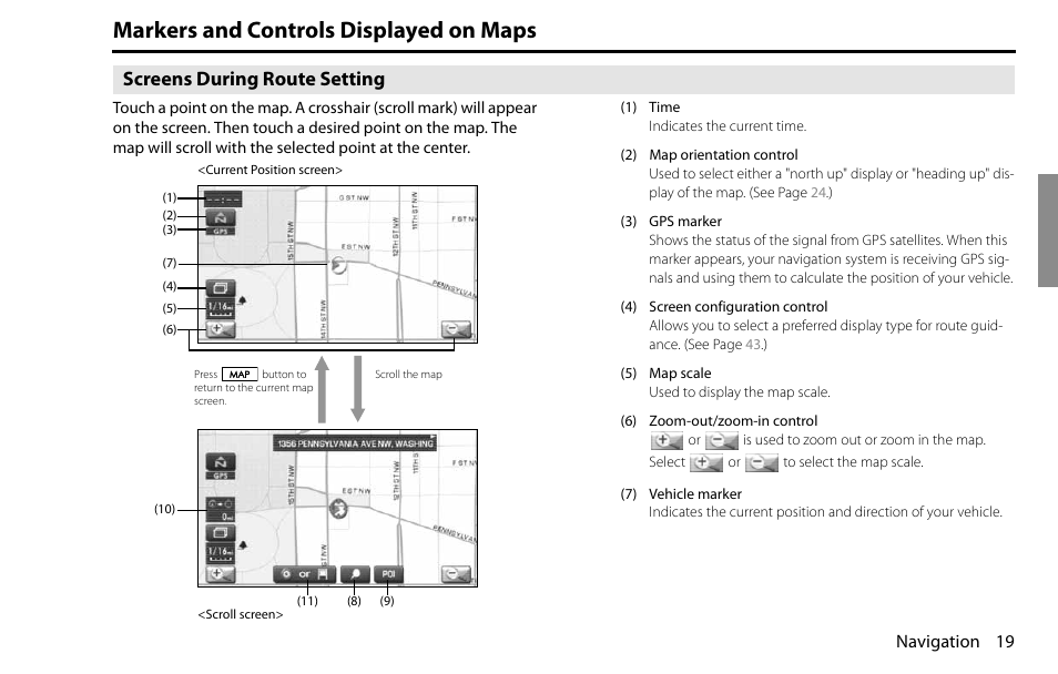 Markers and controls displayed on maps, Screens during route setting, Navigation 19 | Subaru 2009 Impreza Navigation System User Manual | Page 19 / 248