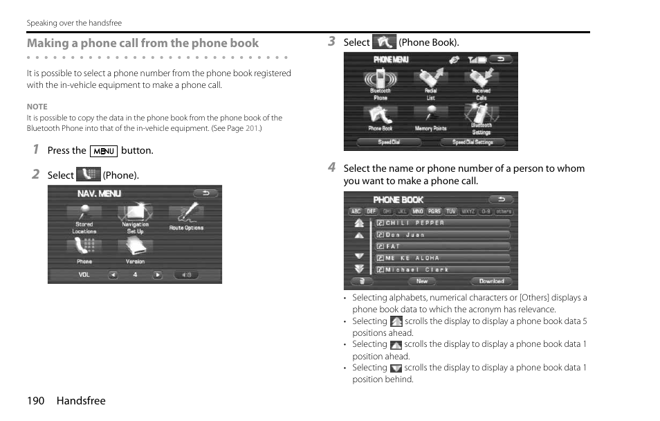 Making a phone call from the phone book | Subaru 2009 Impreza Navigation System User Manual | Page 190 / 248
