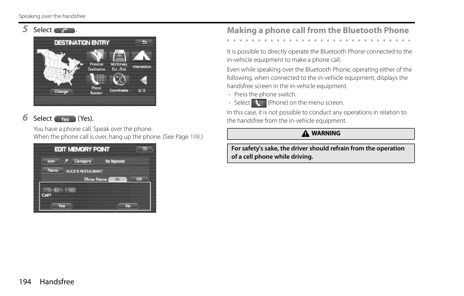 Making a phone call from the bluetooth phone | Subaru 2009 Impreza Navigation System User Manual | Page 194 / 248