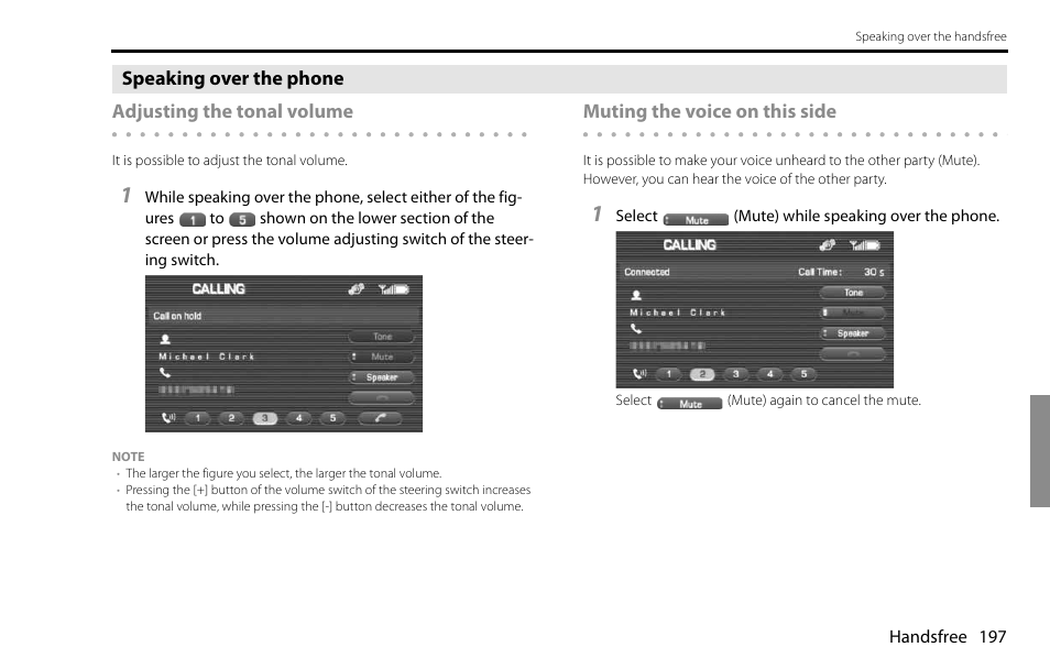 Speaking over the phone adjusting the tonal volume, Muting the voice on this side | Subaru 2009 Impreza Navigation System User Manual | Page 197 / 248