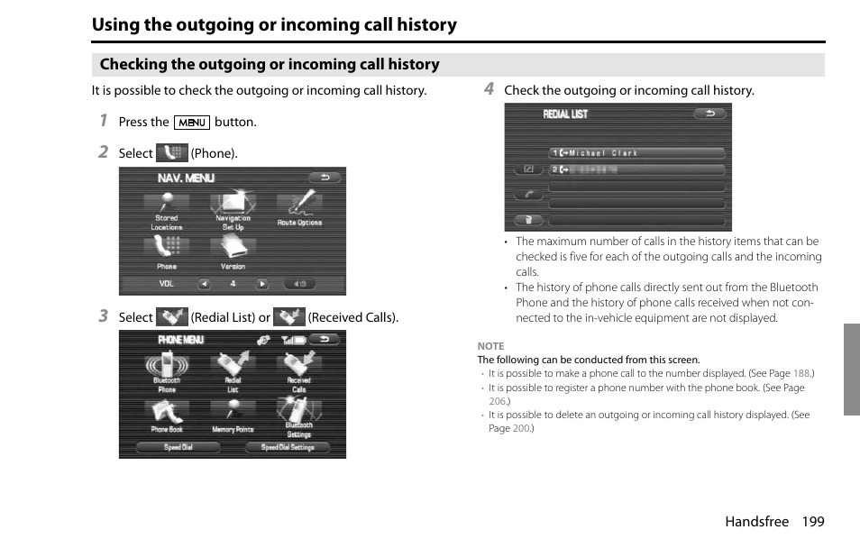 Using the outgoing or incoming call history, Checking the outgoing or incoming call history | Subaru 2009 Impreza Navigation System User Manual | Page 199 / 248