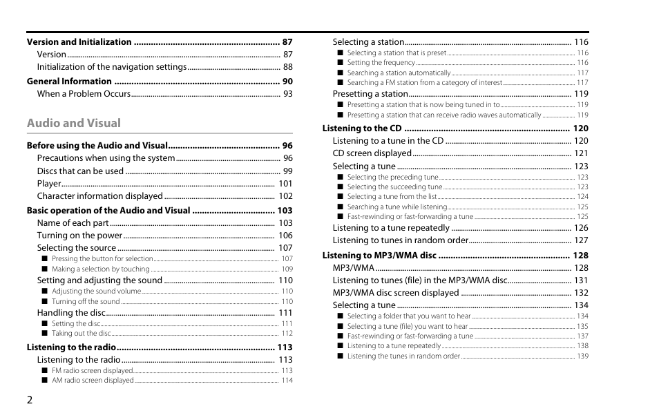 Audio and visual | Subaru 2009 Impreza Navigation System User Manual | Page 2 / 248