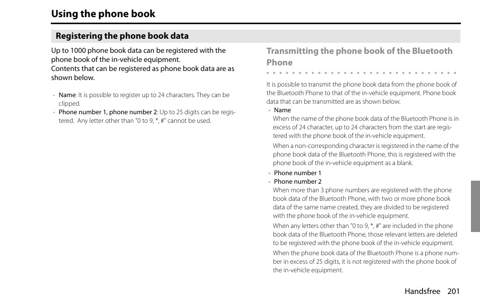 Using the phone book, Registering the phone book data, Transmitting the phone book of the bluetooth phone | Subaru 2009 Impreza Navigation System User Manual | Page 201 / 248