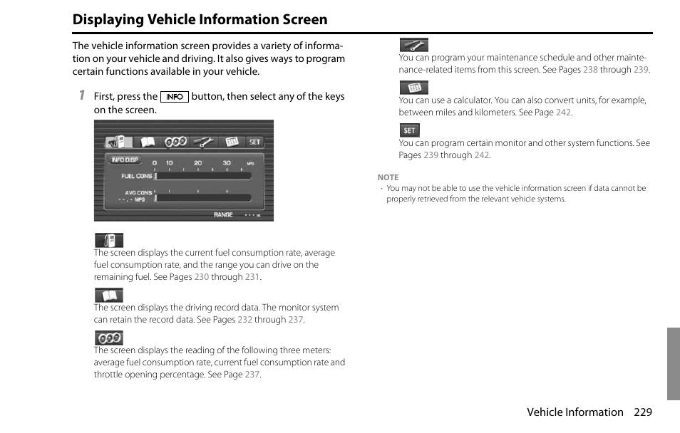 Displaying vehicle information screen | Subaru 2009 Impreza Navigation System User Manual | Page 229 / 248