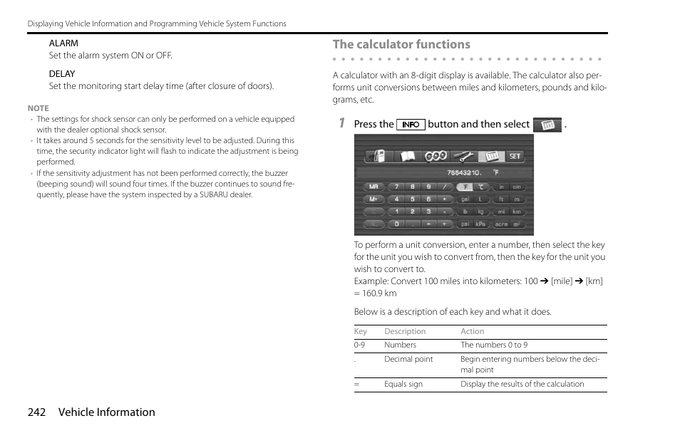 The calculator functions, 242 vehicle information | Subaru 2009 Impreza Navigation System User Manual | Page 242 / 248