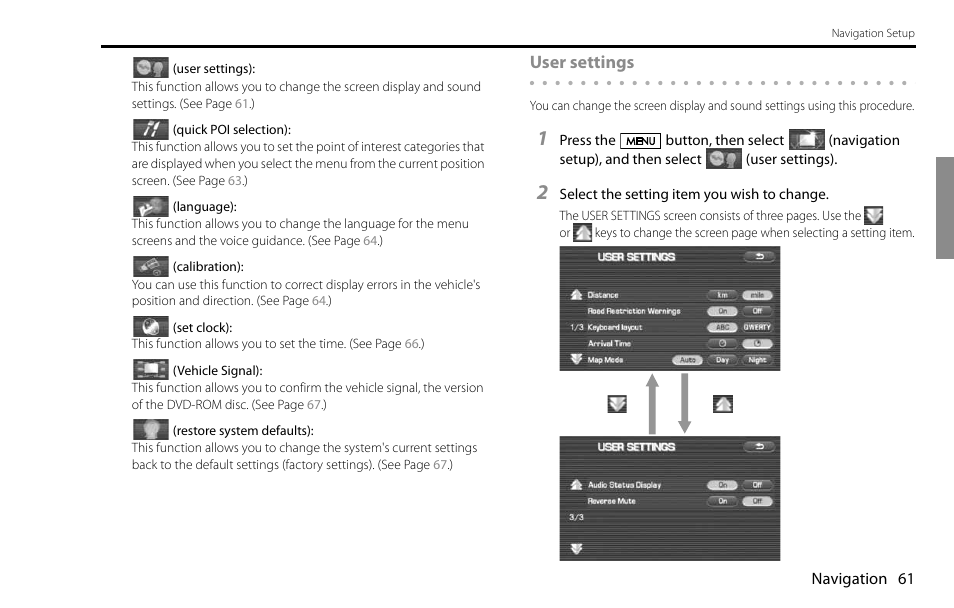 User settings | Subaru 2009 Impreza Navigation System User Manual | Page 61 / 248