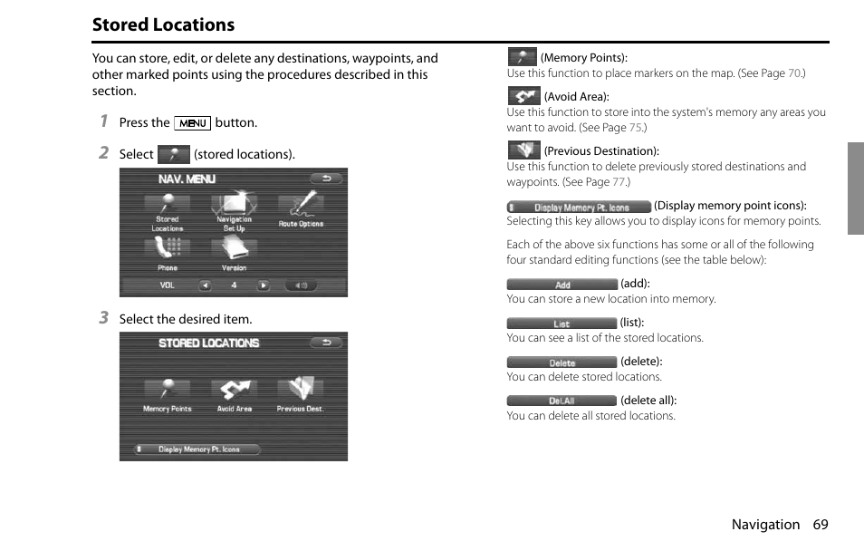 Stored locations | Subaru 2009 Impreza Navigation System User Manual | Page 69 / 248