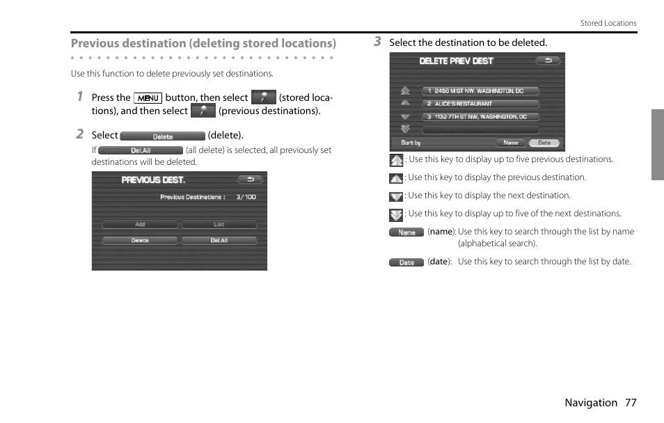 Previous destination (deleting stored locations) | Subaru 2009 Impreza Navigation System User Manual | Page 77 / 248