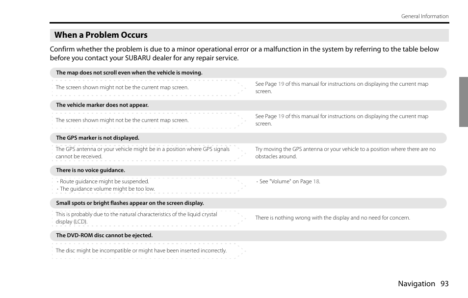 When a problem occurs, Navigation 93 | Subaru 2009 Impreza Navigation System User Manual | Page 93 / 248