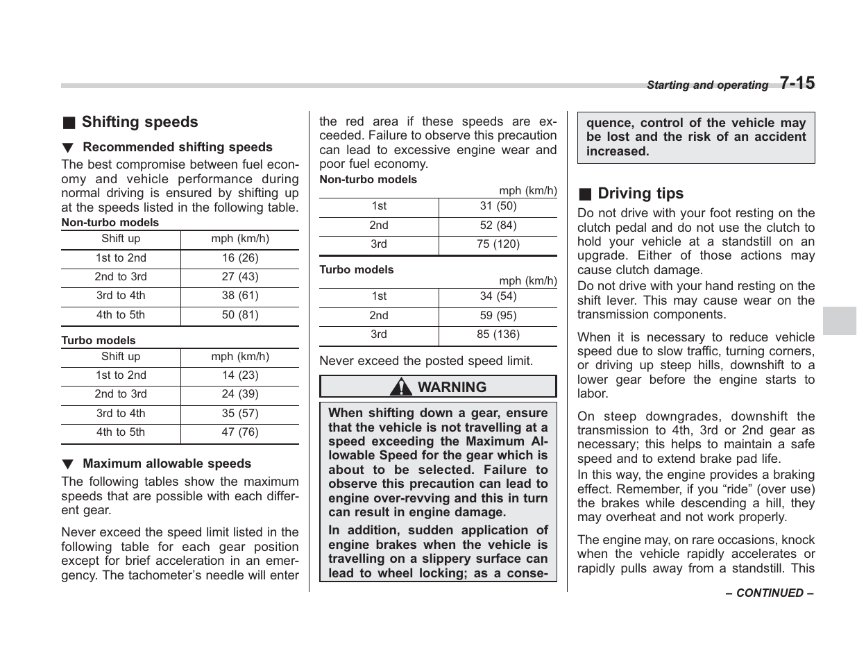 Shifting speeds, Driving tips | Subaru 2008 IMPREZA User Manual | Page 223 / 381