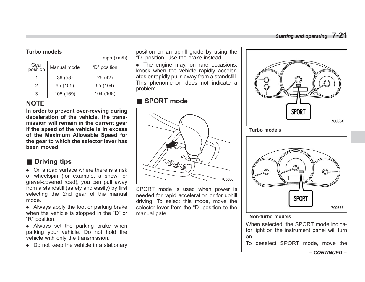 Driving tips, Sport mode | Subaru 2008 IMPREZA User Manual | Page 229 / 381