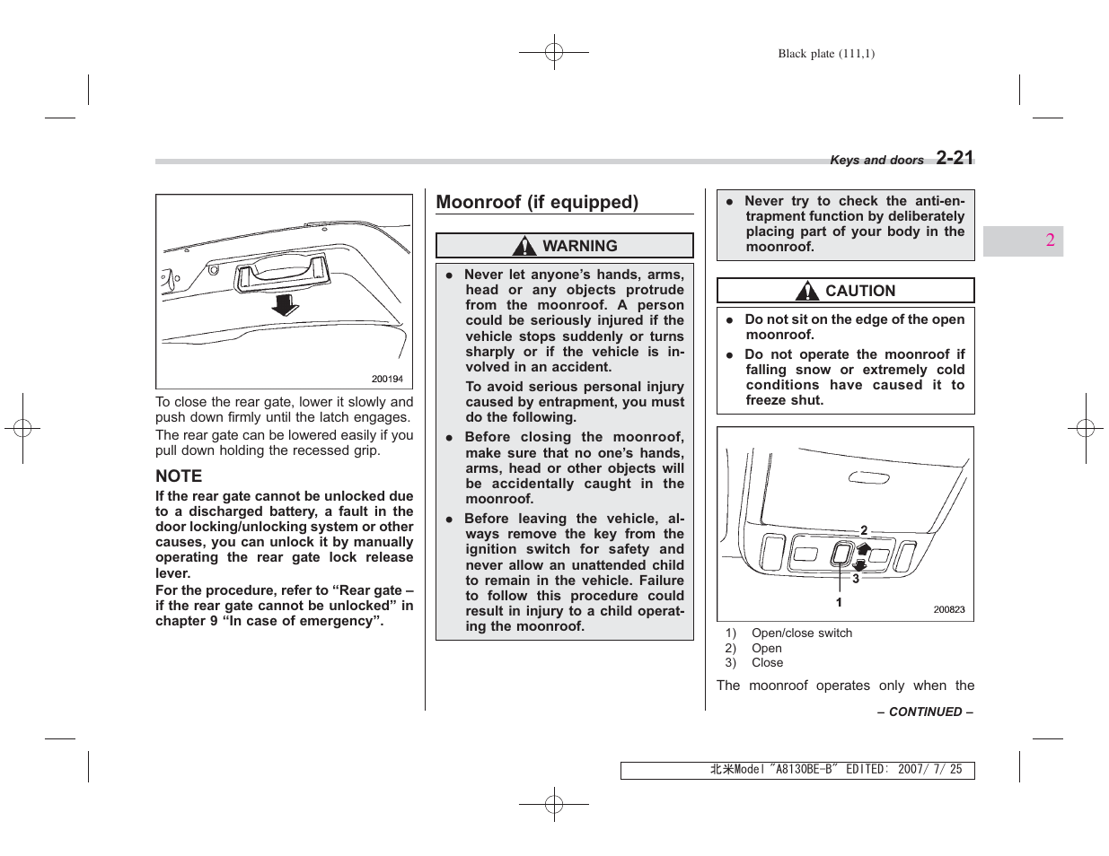 Moonroof (if equipped) | Subaru 2008 Forester 2.5X User Manual | Page 110 / 371