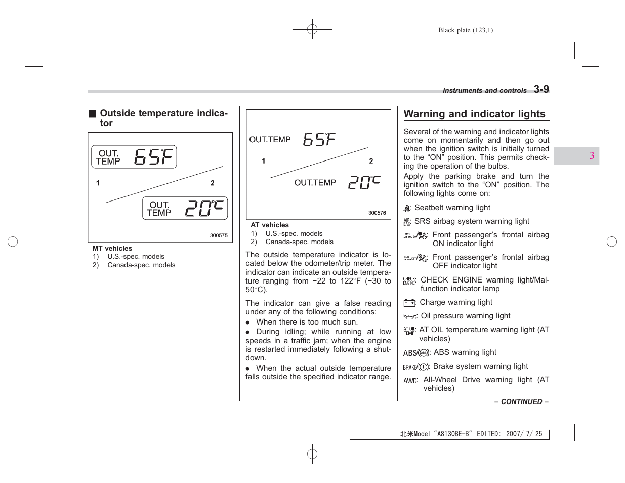 Warning and indicator lights | Subaru 2008 Forester 2.5X User Manual | Page 120 / 371