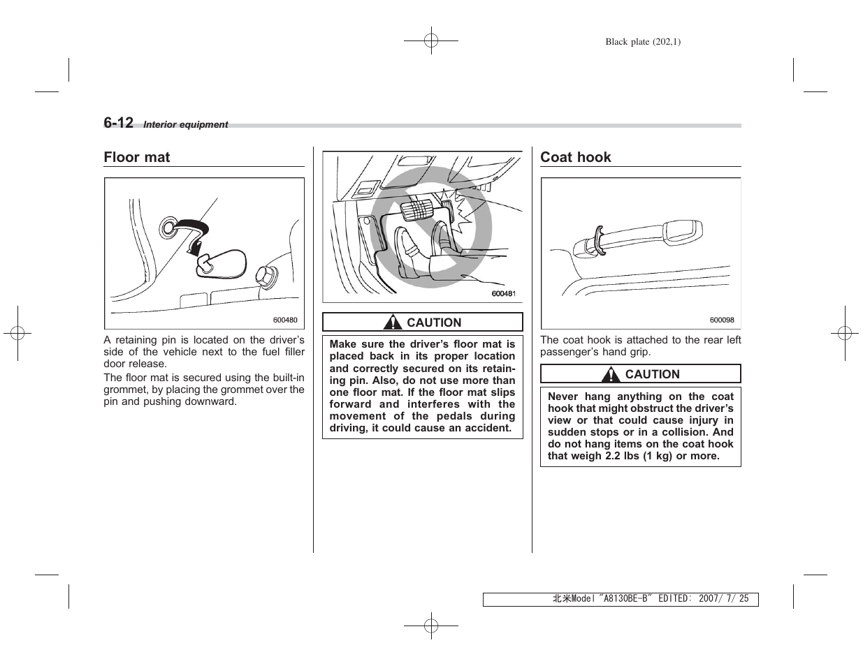 Floor mat, Coat hook | Subaru 2008 Forester 2.5X User Manual | Page 195 / 371