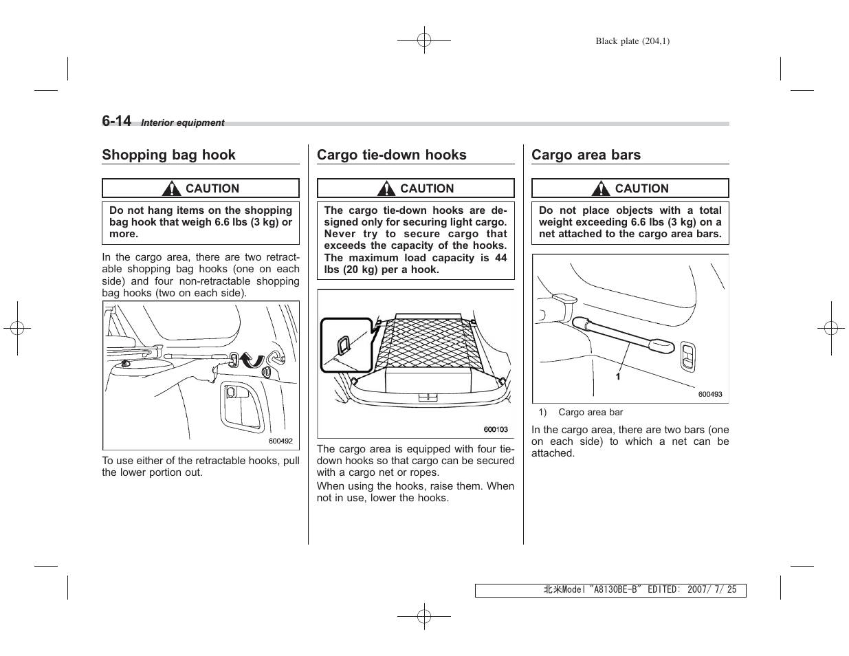 Shopping bag hook, Cargo tie-down hooks, Cargo area bars | Subaru 2008 Forester 2.5X User Manual | Page 197 / 371