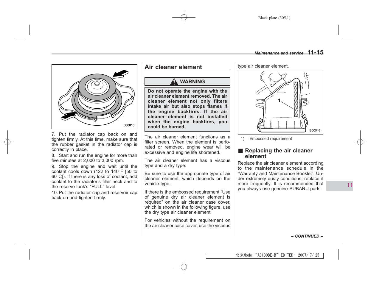 Air cleaner element | Subaru 2008 Forester 2.5X User Manual | Page 296 / 371