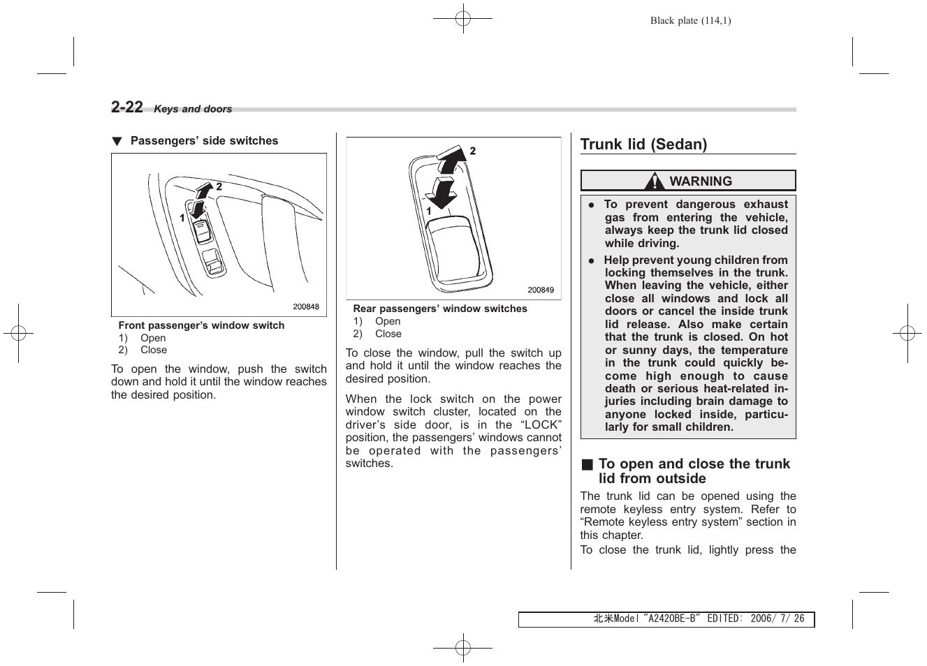 Trunk lid (sedan) | Subaru 2007 Legacy User Manual | Page 113 / 442