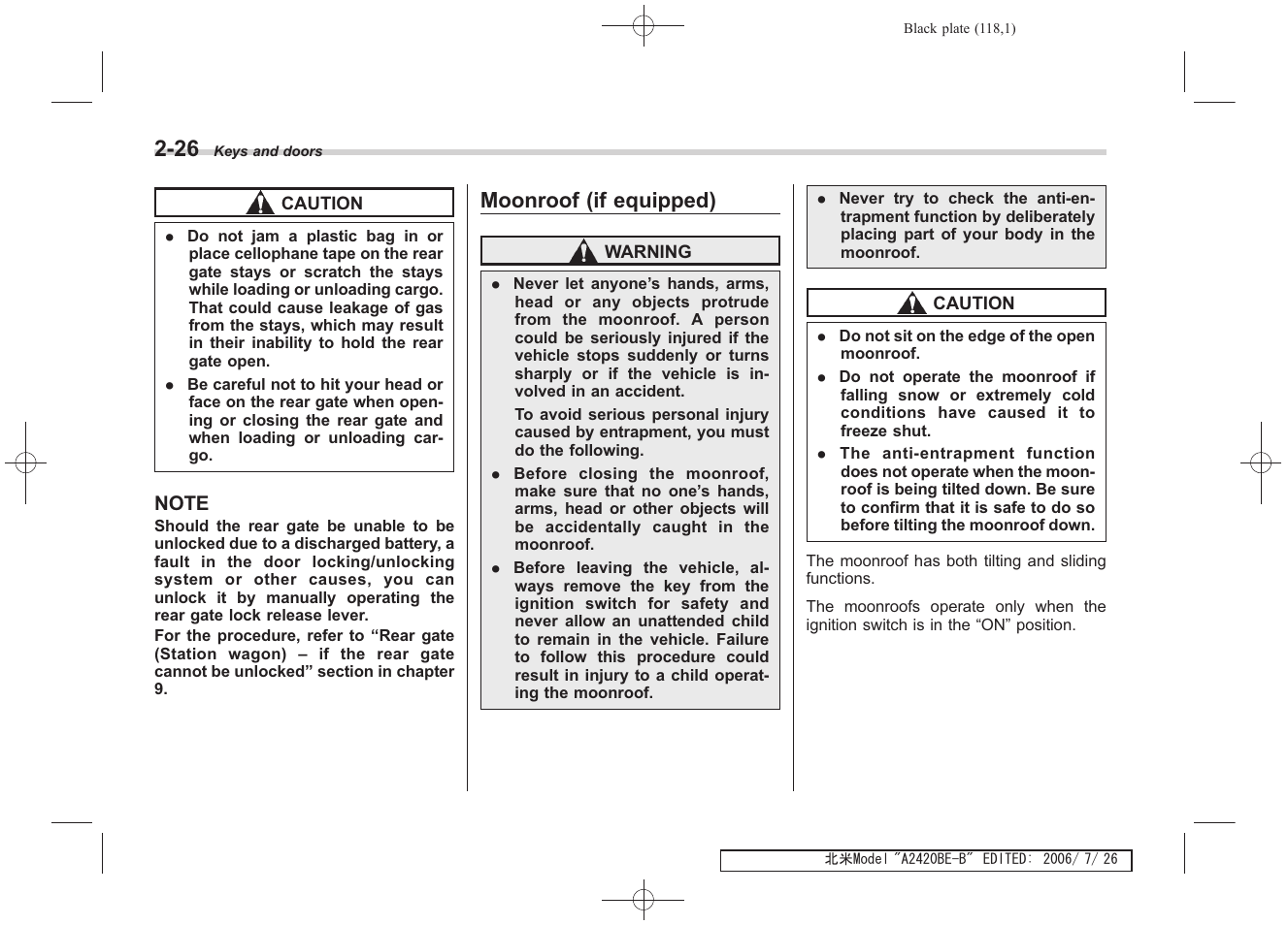 Moonroof (if equipped) | Subaru 2007 Legacy User Manual | Page 117 / 442