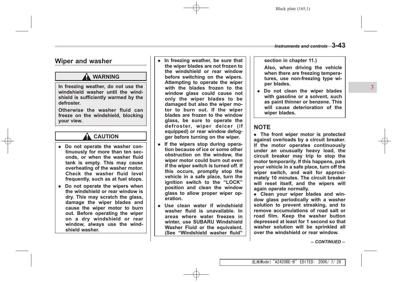 Wiper and washer | Subaru 2007 Legacy User Manual | Page 164 / 442