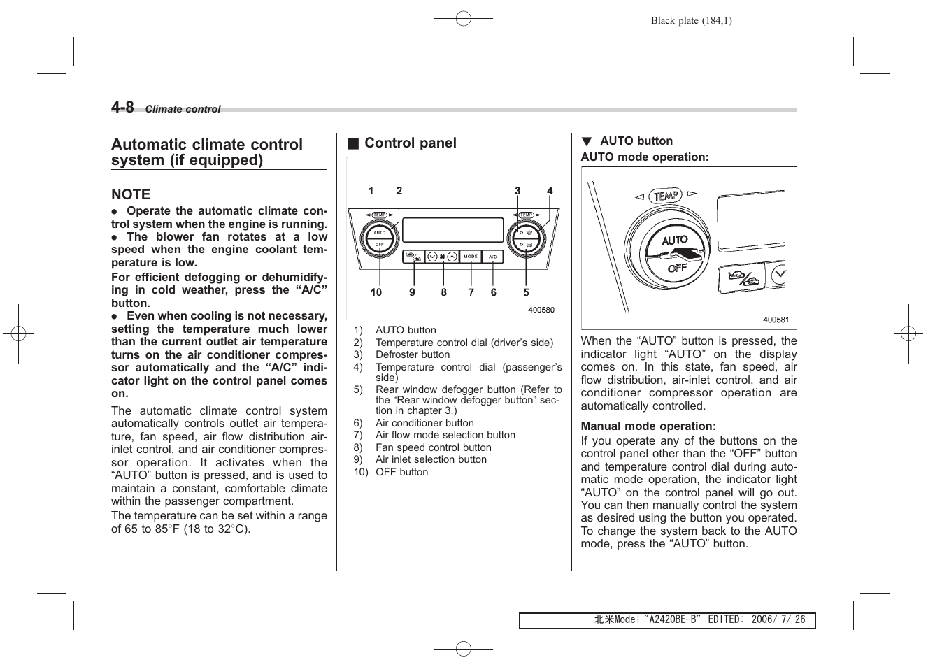 Automatic climate control system (if equipped) | Subaru 2007 Legacy User Manual | Page 181 / 442