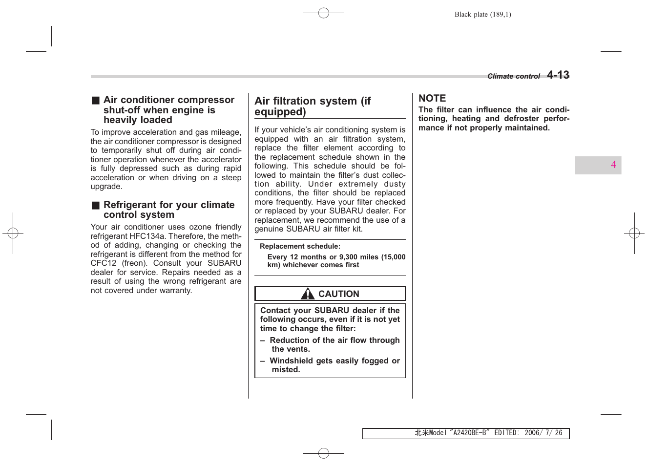 Air filtration system (if equipped) | Subaru 2007 Legacy User Manual | Page 186 / 442