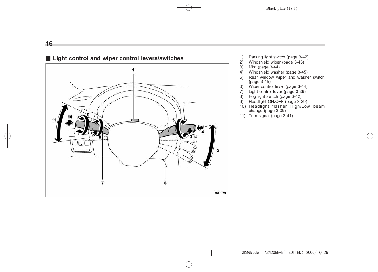 Light control and wiper control levers/switches | Subaru 2007 Legacy User Manual | Page 19 / 442