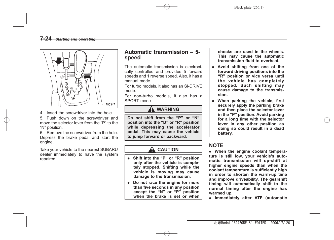 Automatic transmission – 5- speed | Subaru 2007 Legacy User Manual | Page 261 / 442