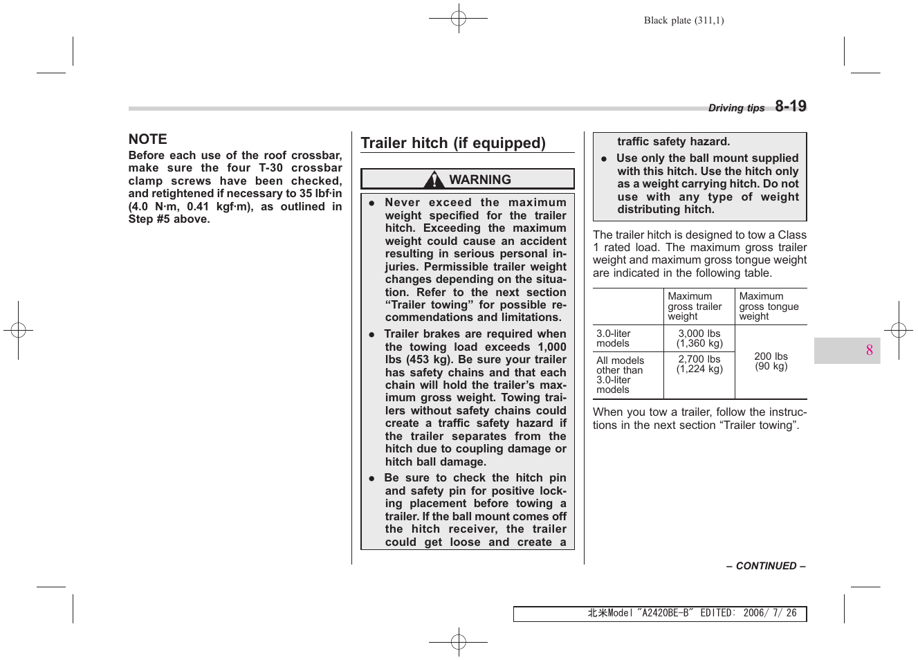 Trailer hitch (if equipped) | Subaru 2007 Legacy User Manual | Page 306 / 442