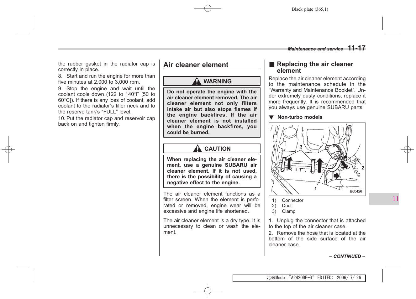 Air cleaner element | Subaru 2007 Legacy User Manual | Page 360 / 442