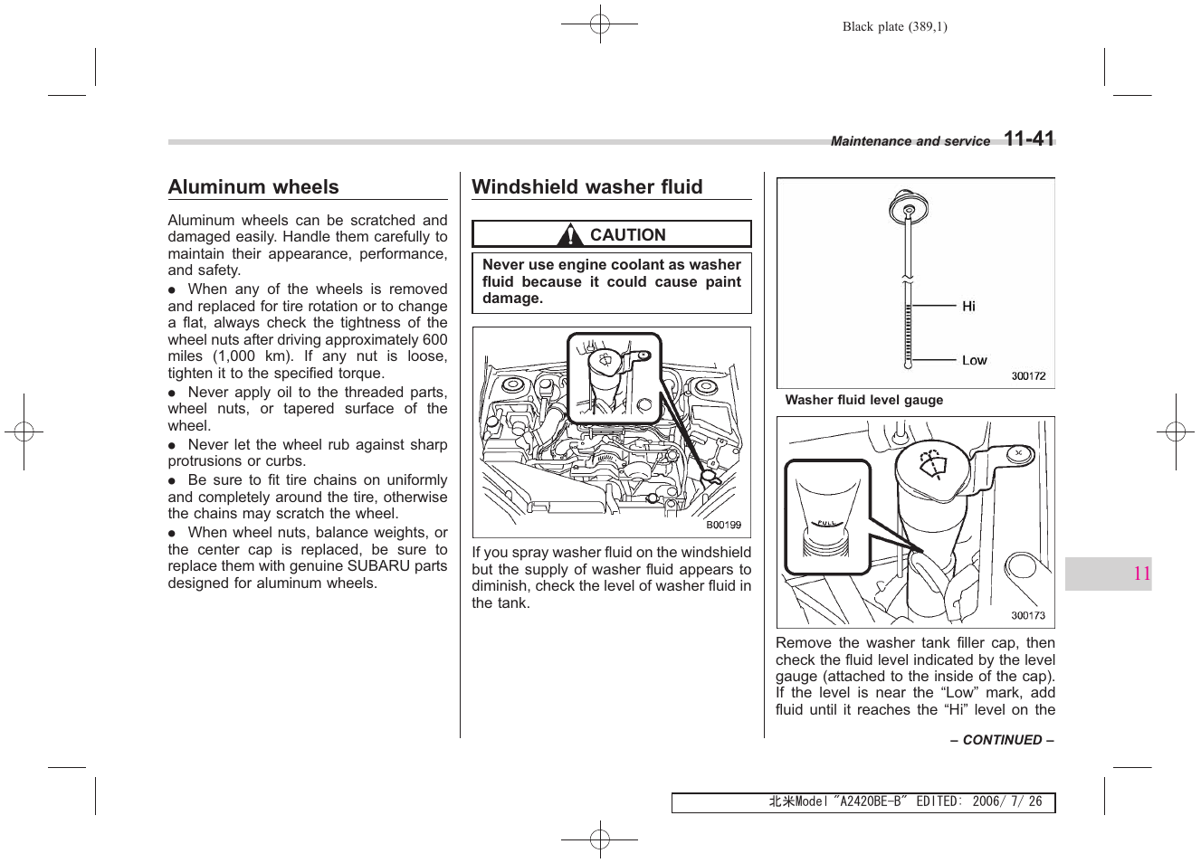 Aluminum wheels, Windshield washer fluid | Subaru 2007 Legacy User Manual | Page 384 / 442