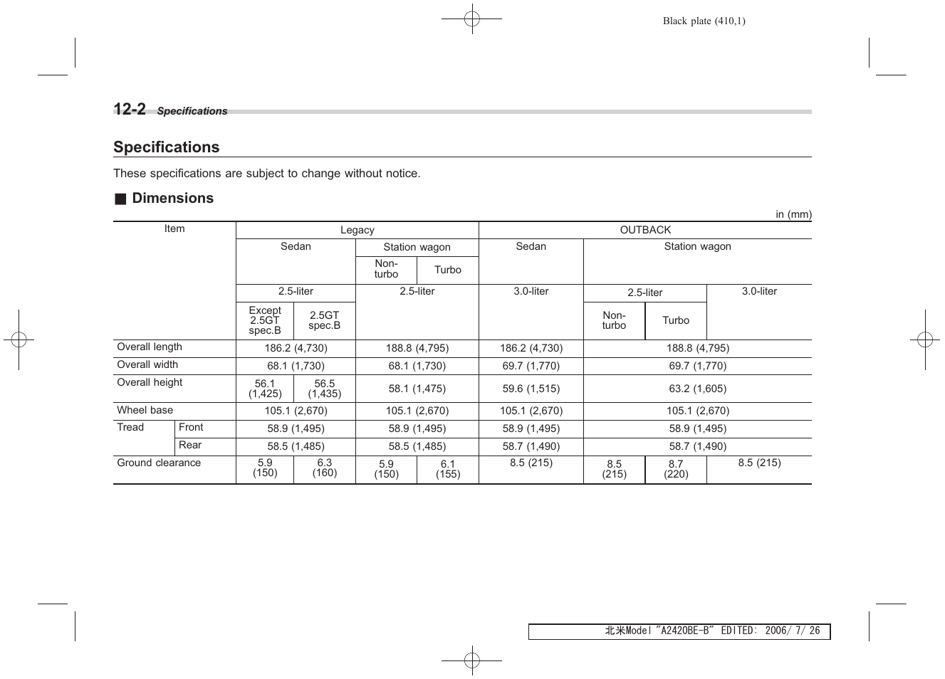 Specifications, Dimensions | Subaru 2007 Legacy User Manual | Page 405 / 442