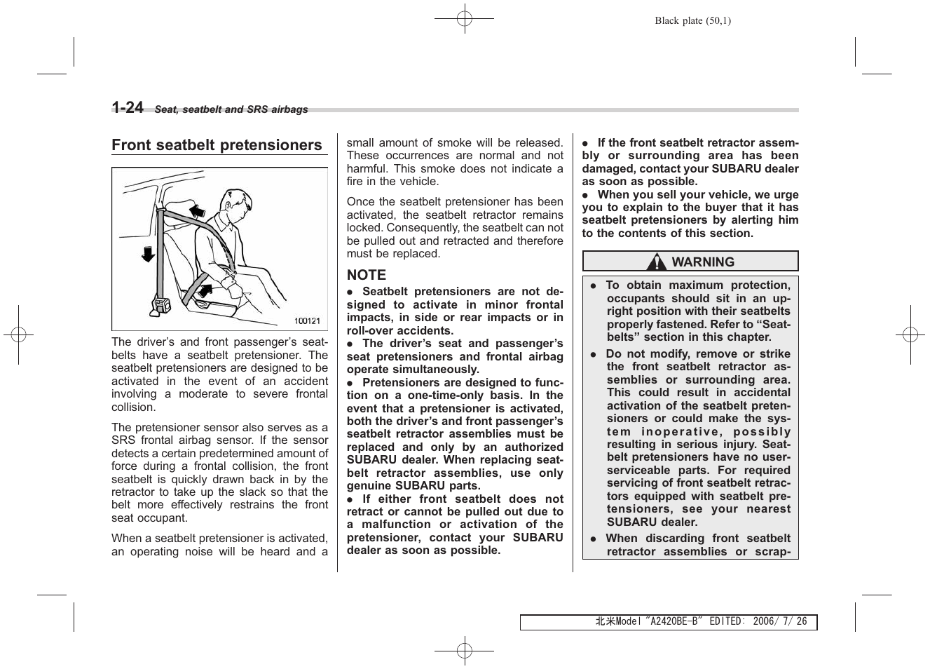 Front seatbelt pretensioners | Subaru 2007 Legacy User Manual | Page 51 / 442