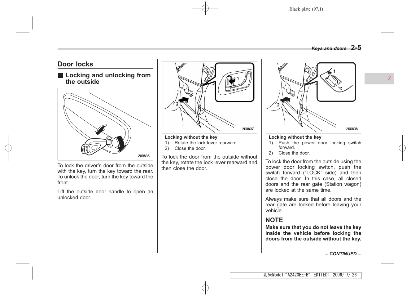 Door locks | Subaru 2007 Legacy User Manual | Page 96 / 442
