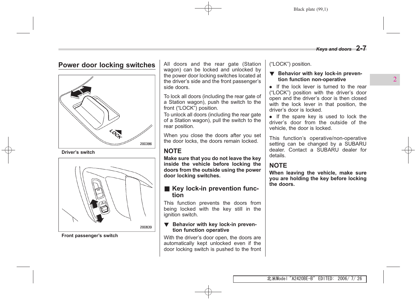 Power door locking switches | Subaru 2007 Legacy User Manual | Page 98 / 442