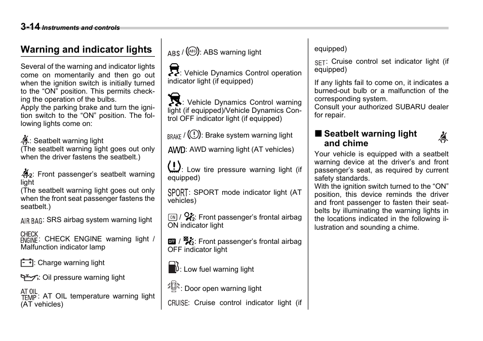 Warning and indicator lights | Subaru 2006 Legacy User Manual | Page 129 / 425