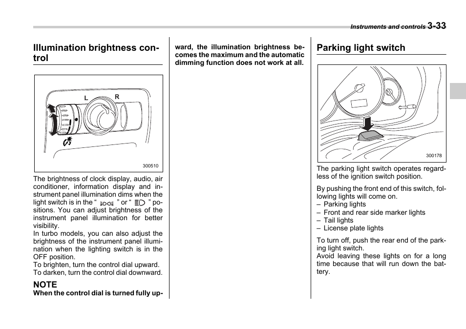 33 illumination brightness con- trol, Parking light switch | Subaru 2006 Legacy User Manual | Page 148 / 425