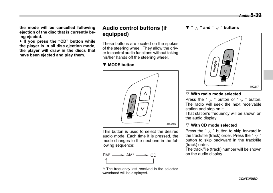 Audio control buttons (if equipped) | Subaru 2006 Legacy User Manual | Page 212 / 425