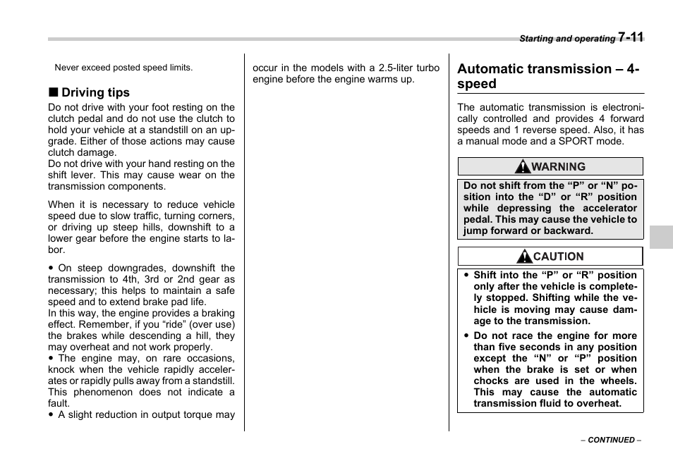 Automatic transmission – 4- speed | Subaru 2006 Legacy User Manual | Page 250 / 425