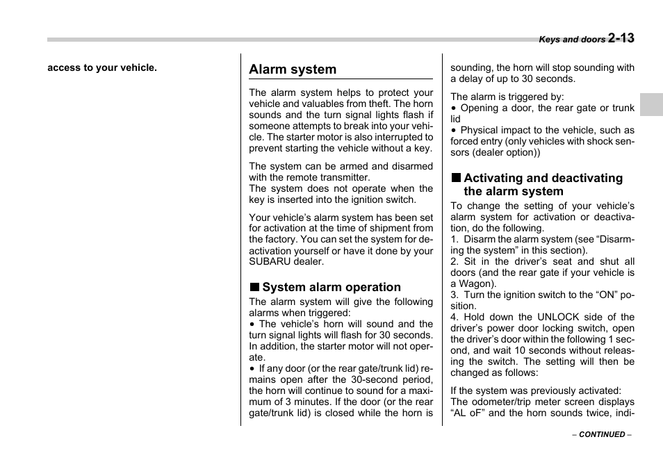 Alarm system | Subaru 2006 Impreza WRX User Manual | Page 100 / 365